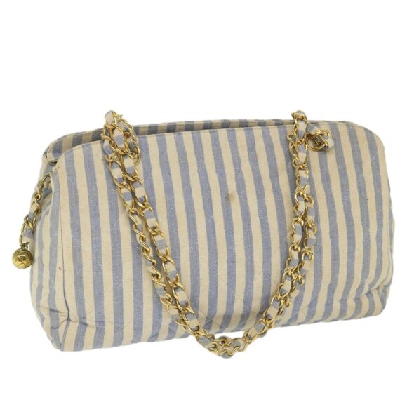 CHANEL Quilted Chain Big Matelasse Shoulder Bag Canvas Light Blue - Picture 1 of 15